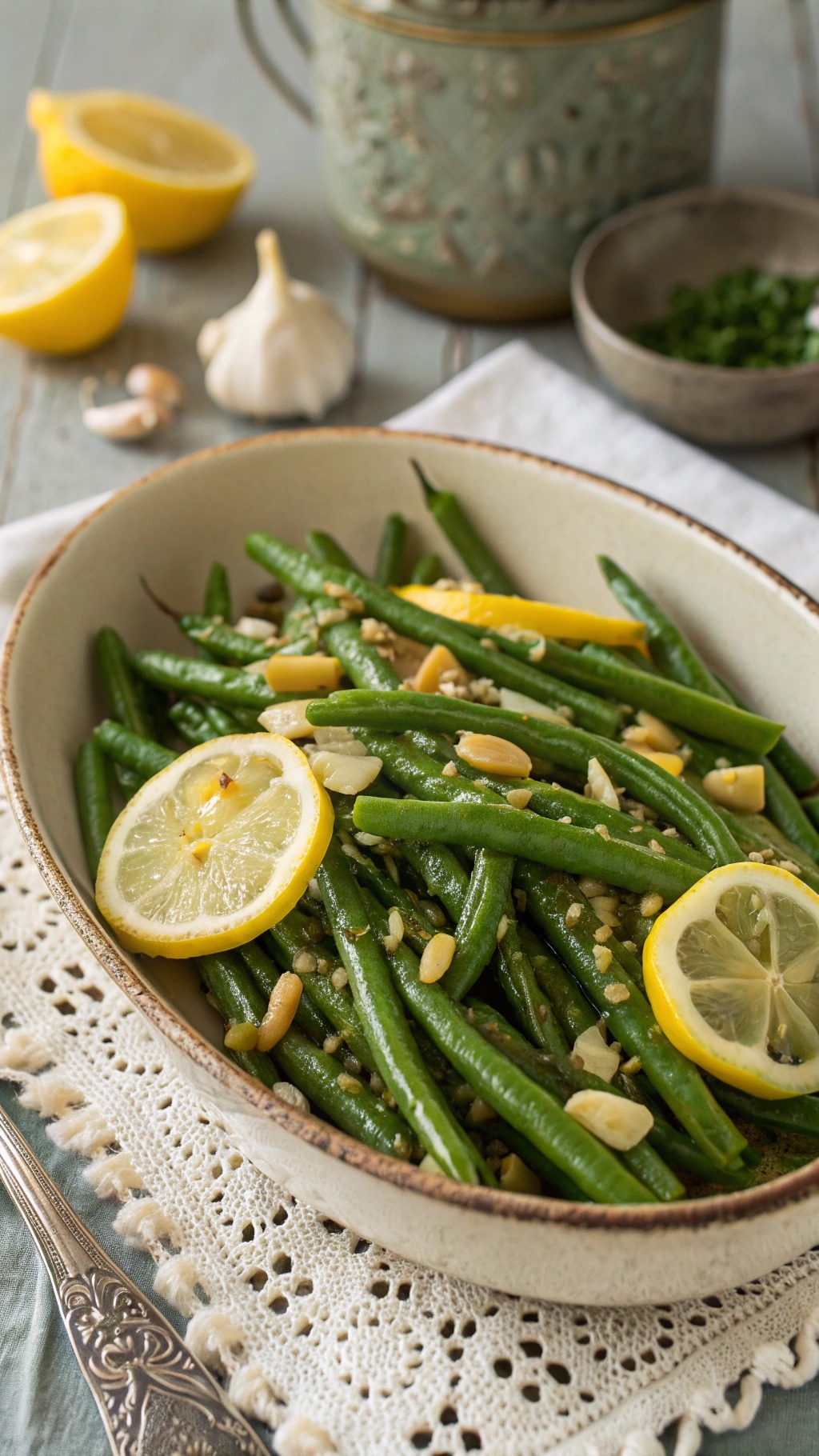 A bowl of zesty lemon garlic green beans garnished with lemon slices and pine nuts.
