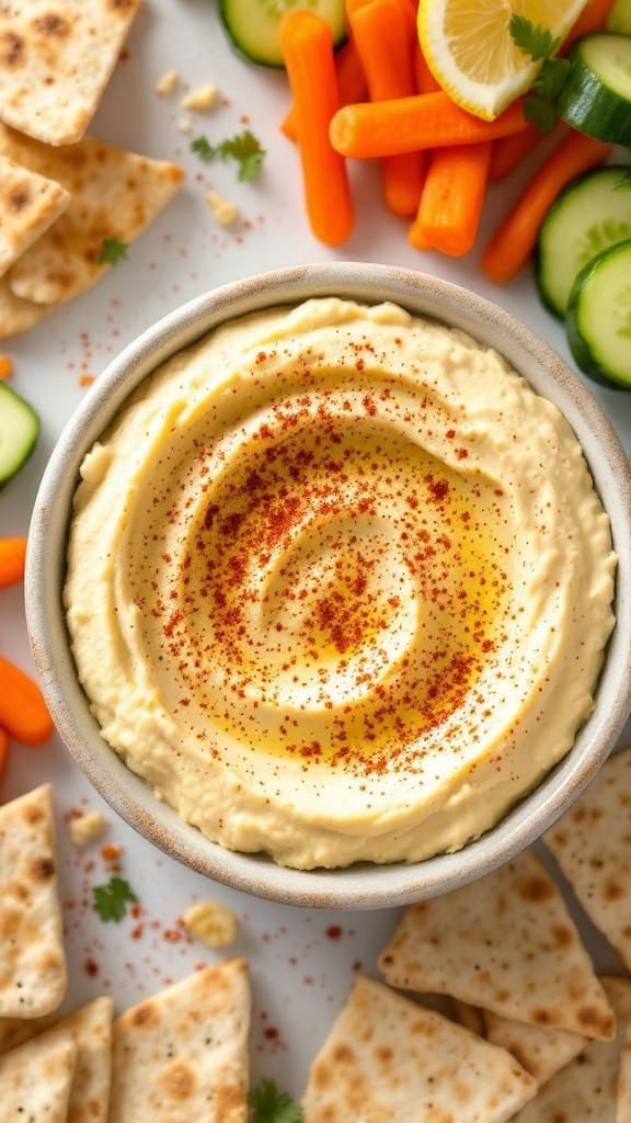 Bowl of lemon garlic hummus with pita chips and fresh vegetables for dipping.