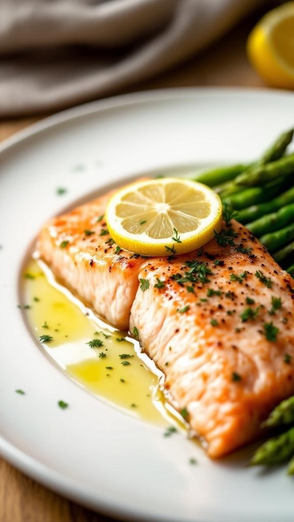 A plate of lemon garlic salmon with asparagus, garnished with parsley and lemon slices.