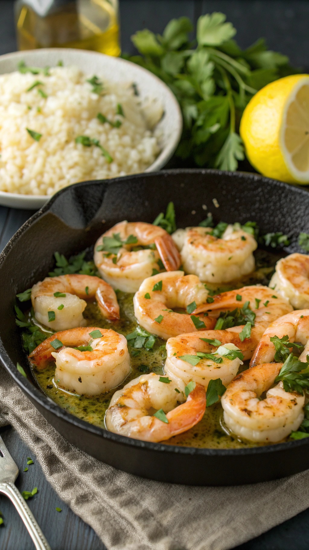 A skillet of zesty lemon garlic shrimp garnished with parsley, served with a side of couscous.