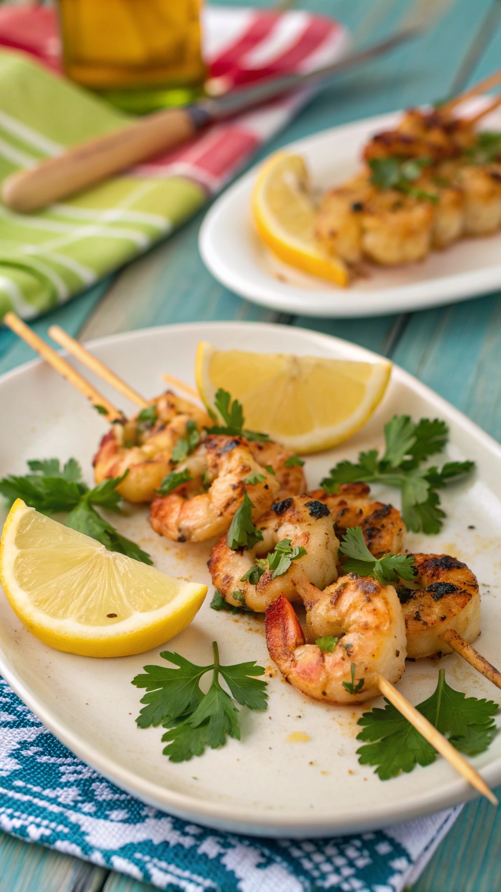 Plate of lemon garlic shrimp skewers garnished with parsley and lemon wedges