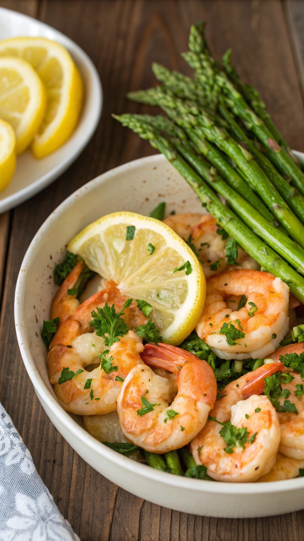 A bowl of zesty lemon garlic shrimp with asparagus and lemon slices on the side.