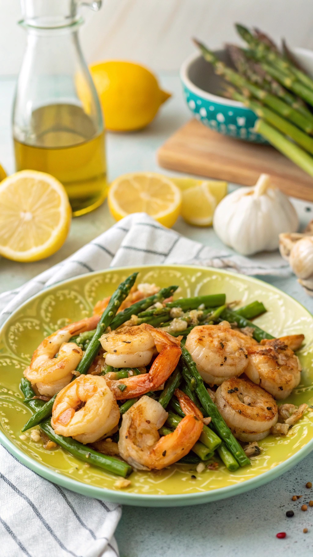 A plate of zesty lemon garlic shrimp with asparagus, garnished with lemon slices and garlic cloves in the background.