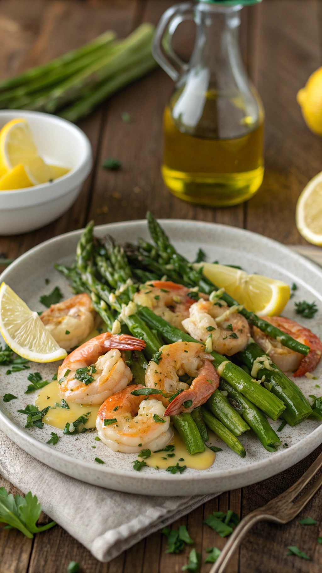 Plate of zesty lemon garlic shrimp with asparagus, garnished with parsley and lemon slices.