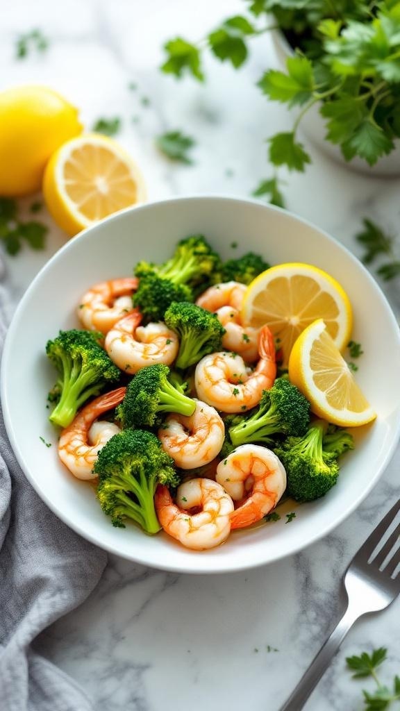 A bowl of zesty lemon garlic shrimp with broccoli, garnished with lemon slices and parsley.