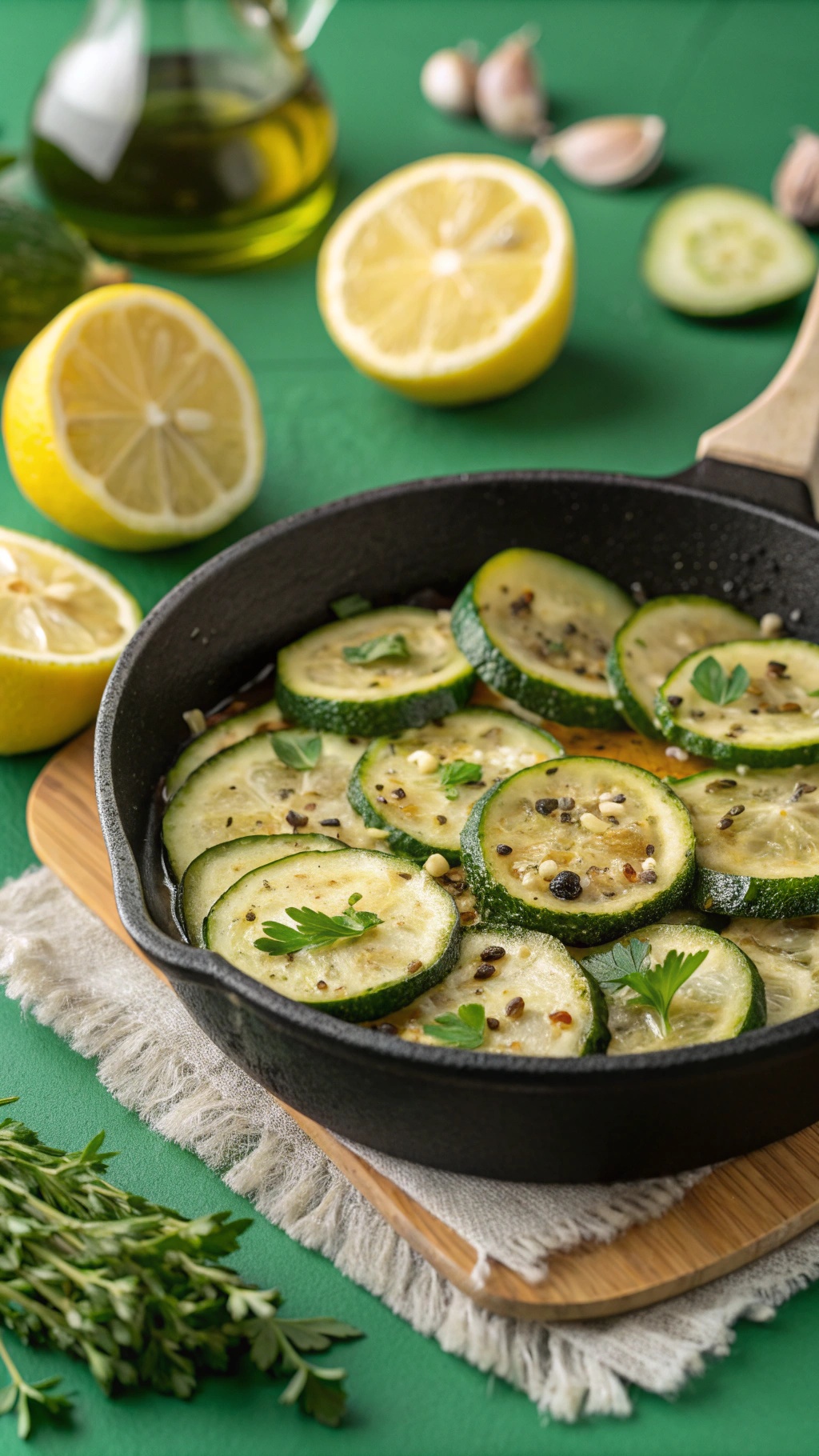 Sautéed zucchini with lemon and garlic in a skillet