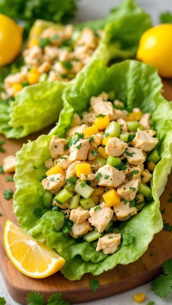 Zesty Lemon Herb Chicken Salad Wraps with lettuce, chicken, mango, and lemon slices