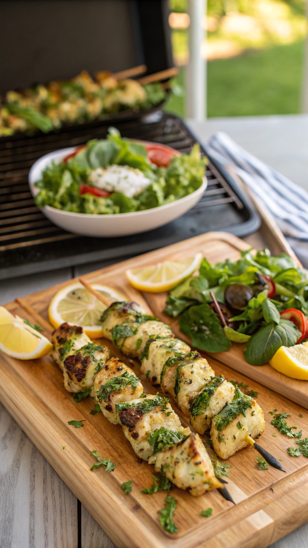 Grilled chicken skewers with lemon and herbs on a wooden platter, served with a fresh salad.