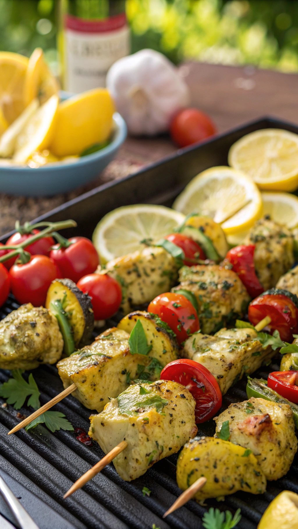 Grilled chicken skewers with lemon and herbs on a grill