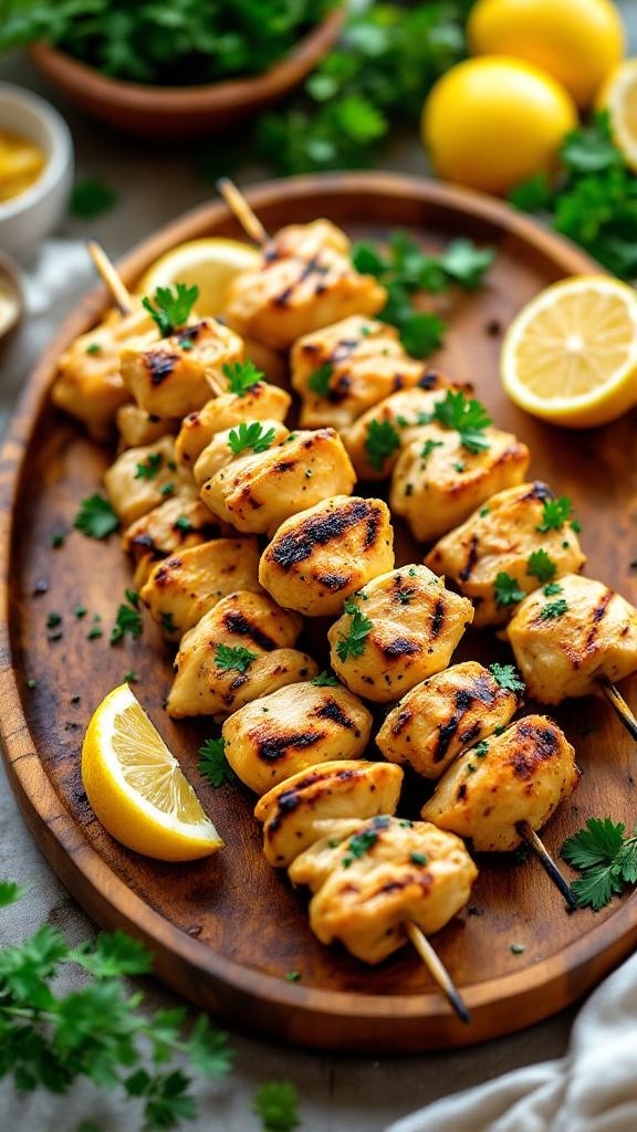 Grilled lemon herb chicken skewers on a wooden platter with lemon slices and fresh herbs