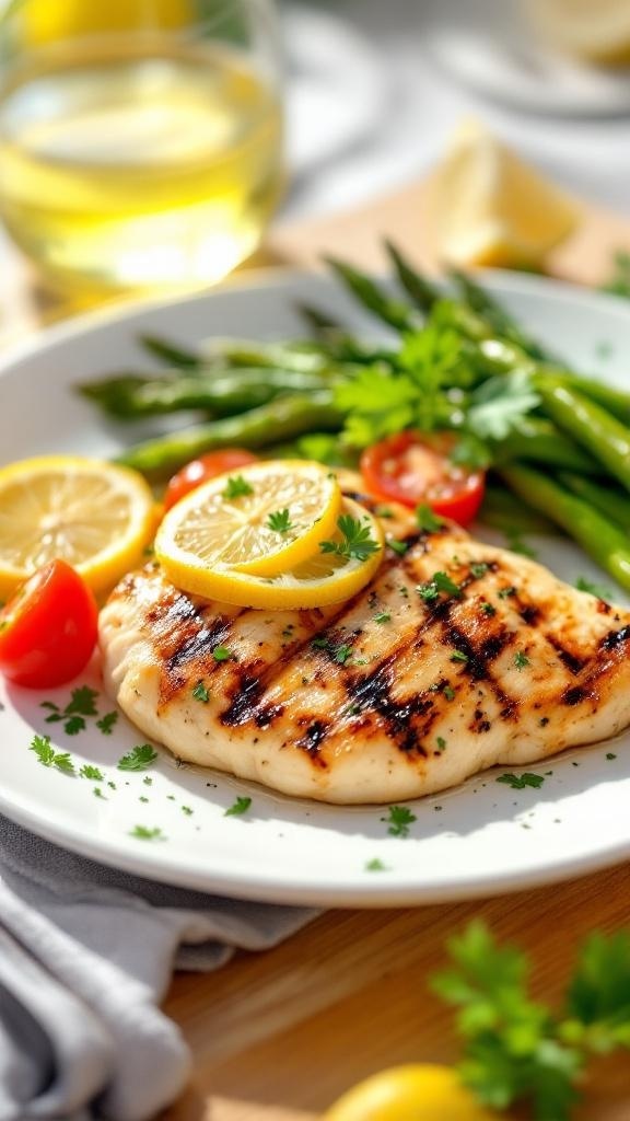 Grilled chicken breast garnished with lemon slices and served with asparagus and cherry tomatoes.