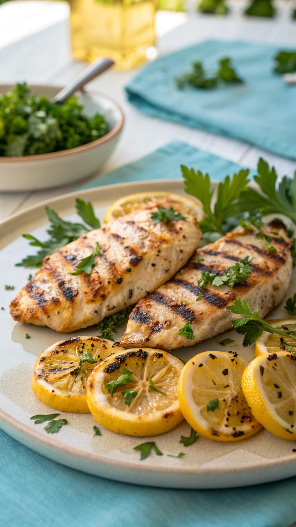 Grilled chicken breasts with lemon slices and herbs on a plate