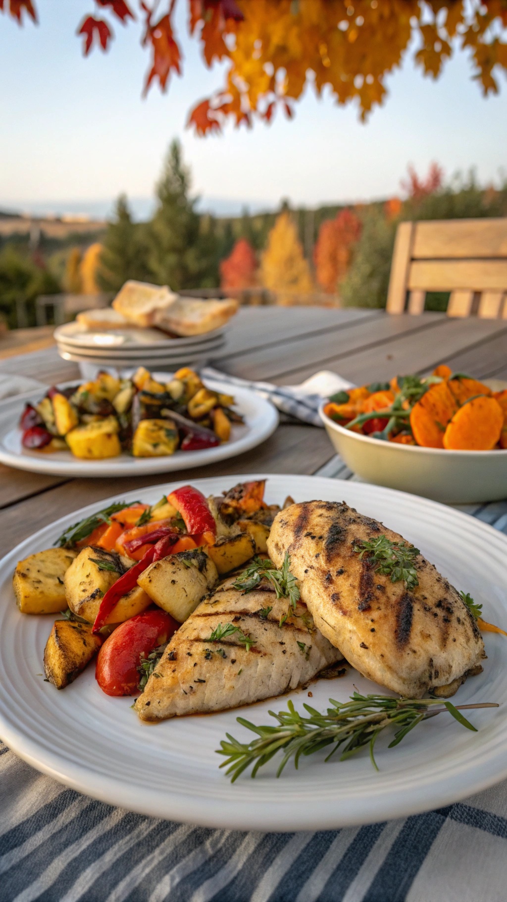Grilled chicken served with roasted vegetables in an autumn setting.