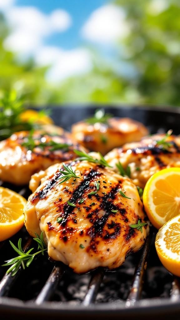 Grilled chicken thighs with lemon slices and herbs on a grill