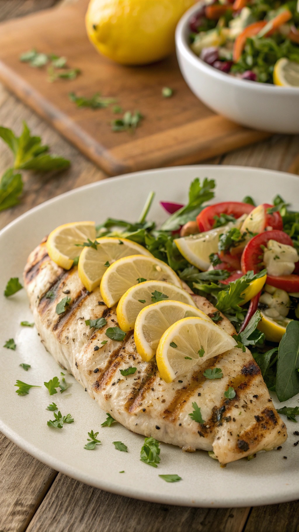 Grilled chicken breast garnished with lemon slices and herbs, served with a fresh salad.