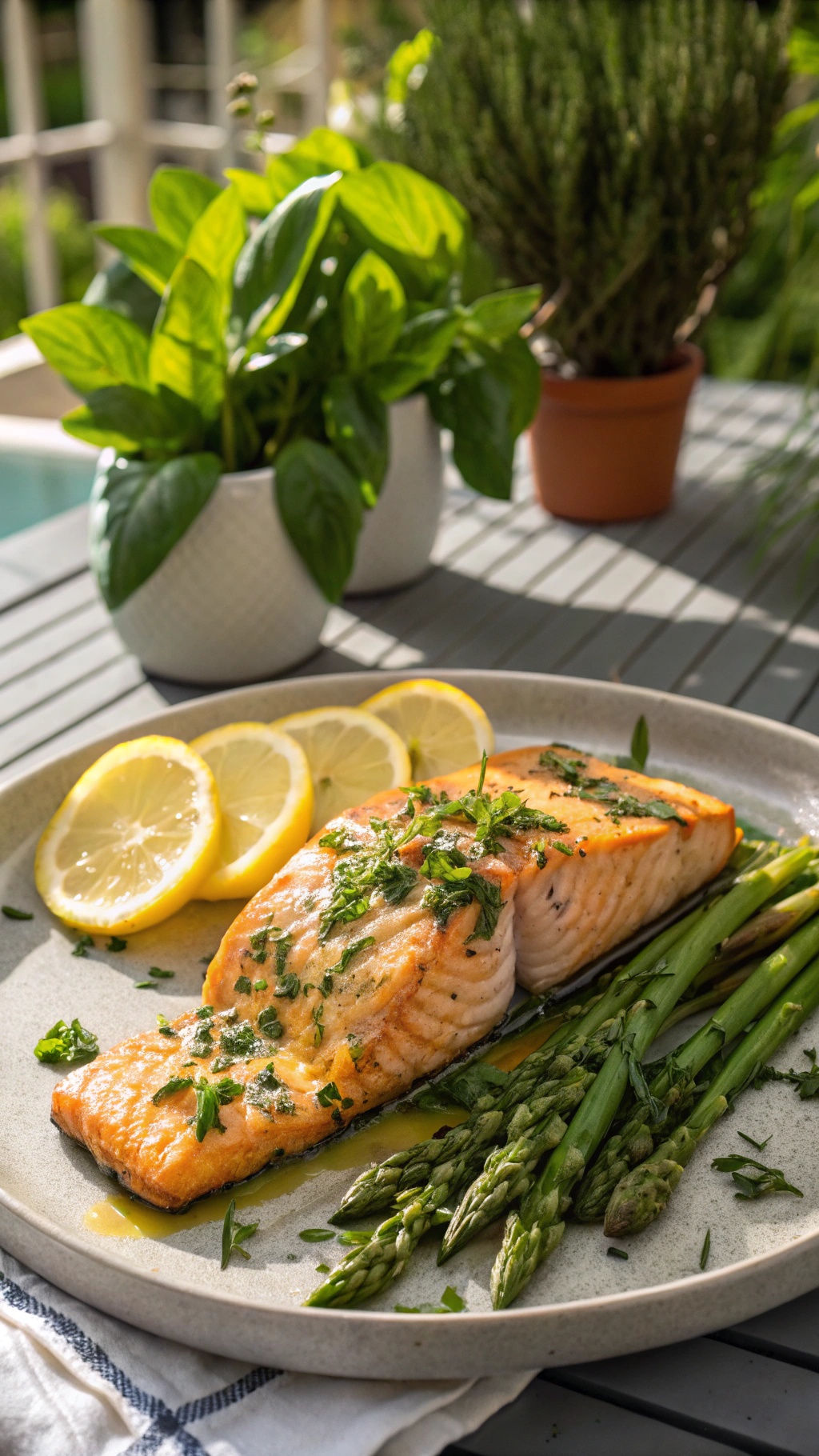 Grilled salmon fillet with lemon slices and asparagus on a plate, garnished with fresh herbs.