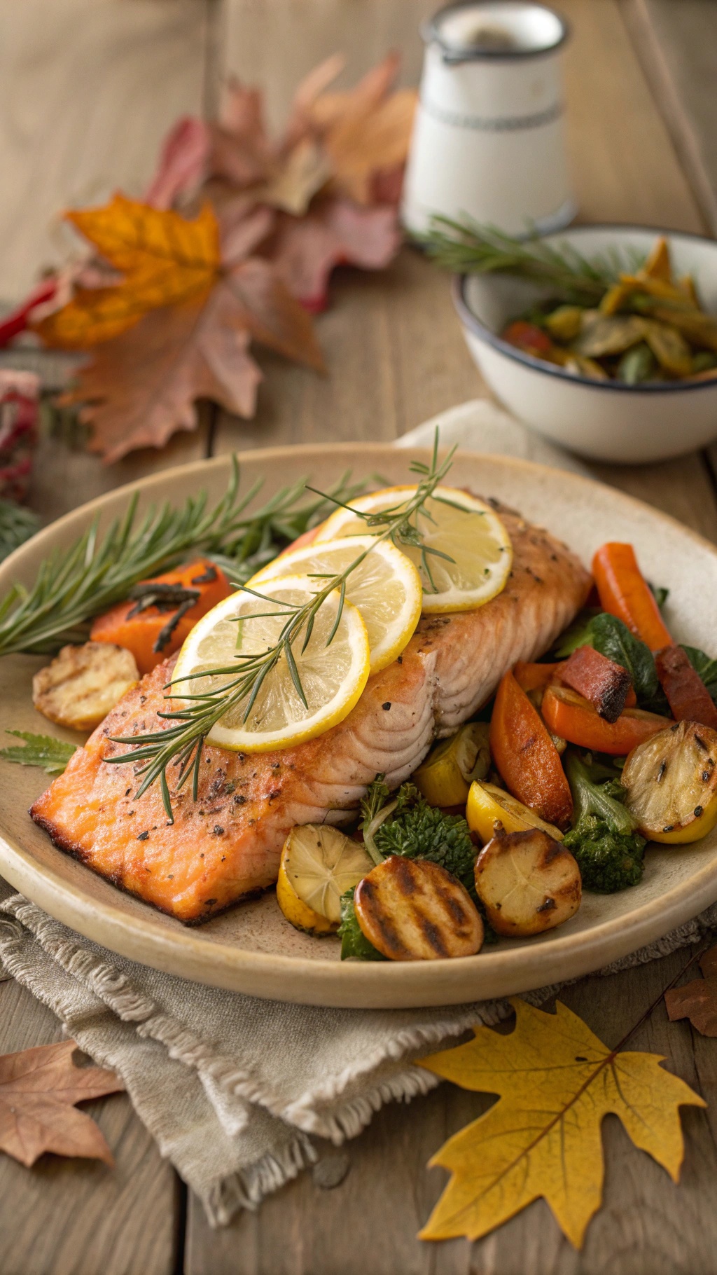 Grilled salmon with lemon slices and herbs, served with roasted vegetables on a rustic table.