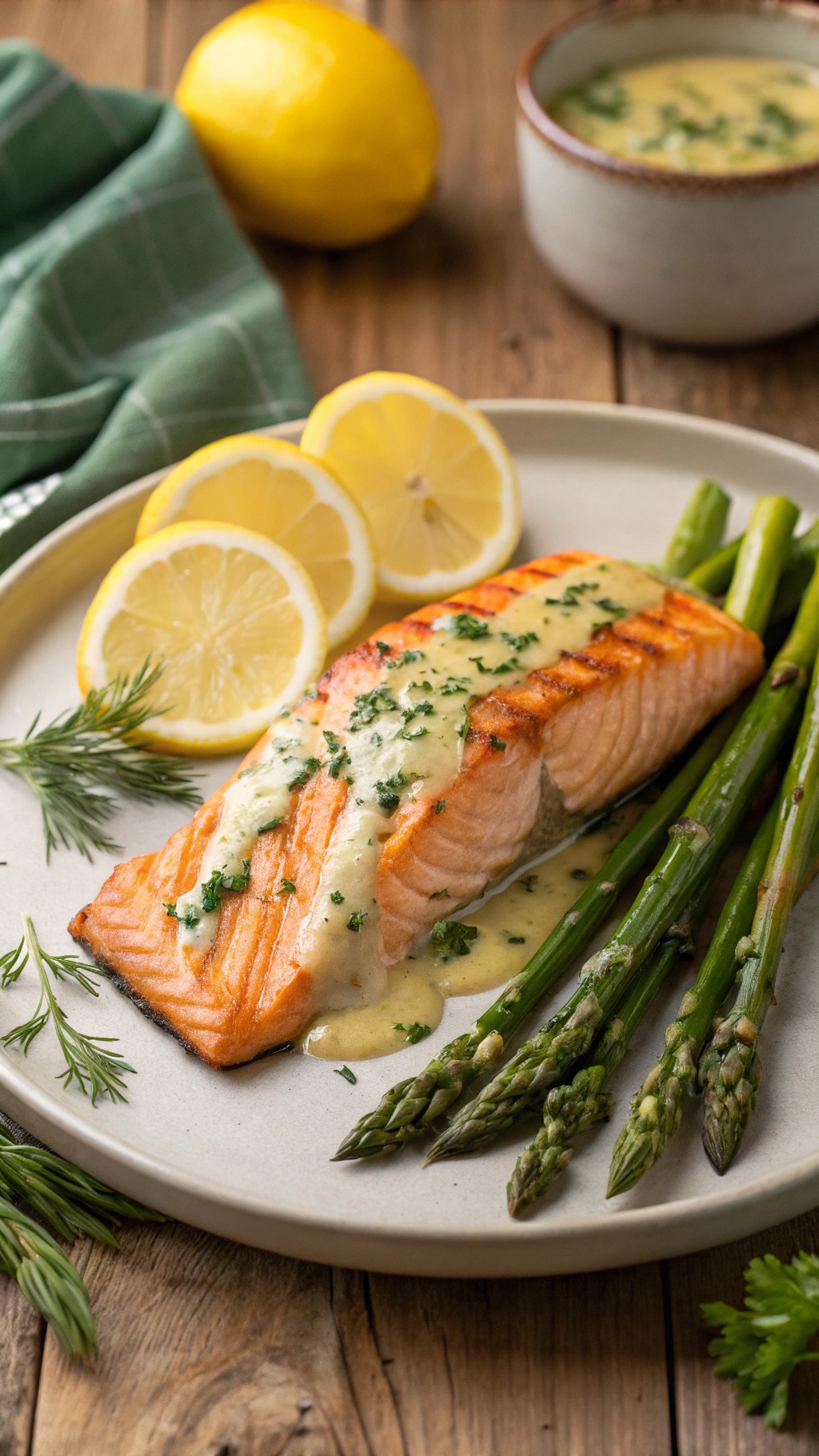 Grilled salmon fillet with lemon slices and asparagus on a plate