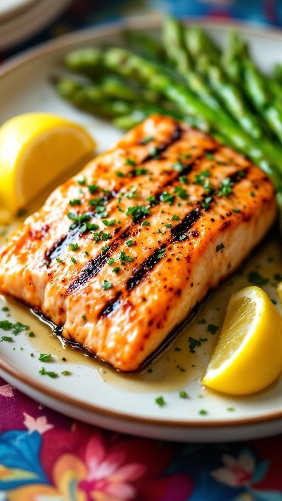 Grilled salmon fillet with lemon and asparagus on a plate