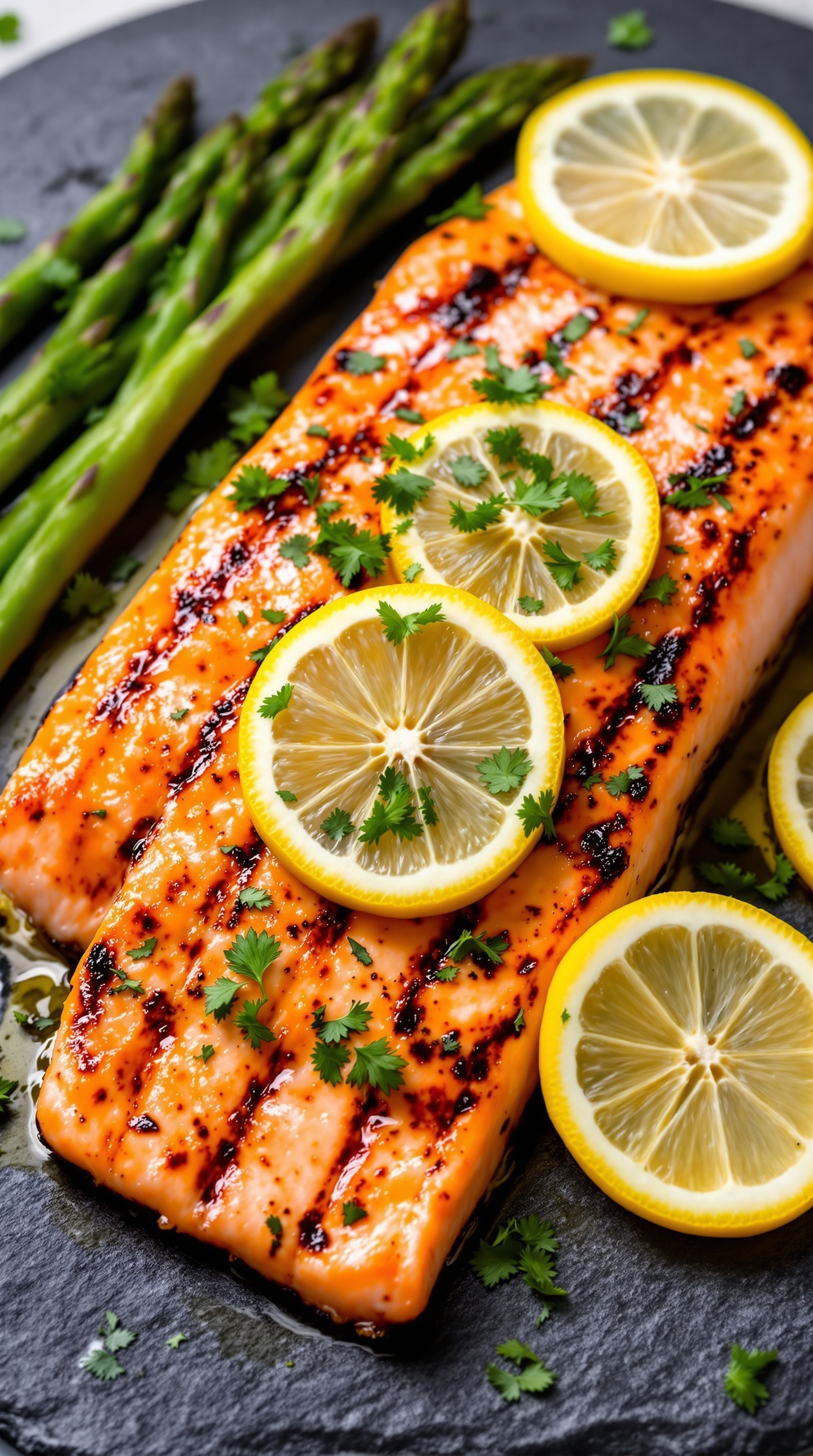 Grilled salmon fillet with lemon slices and asparagus on a black plate