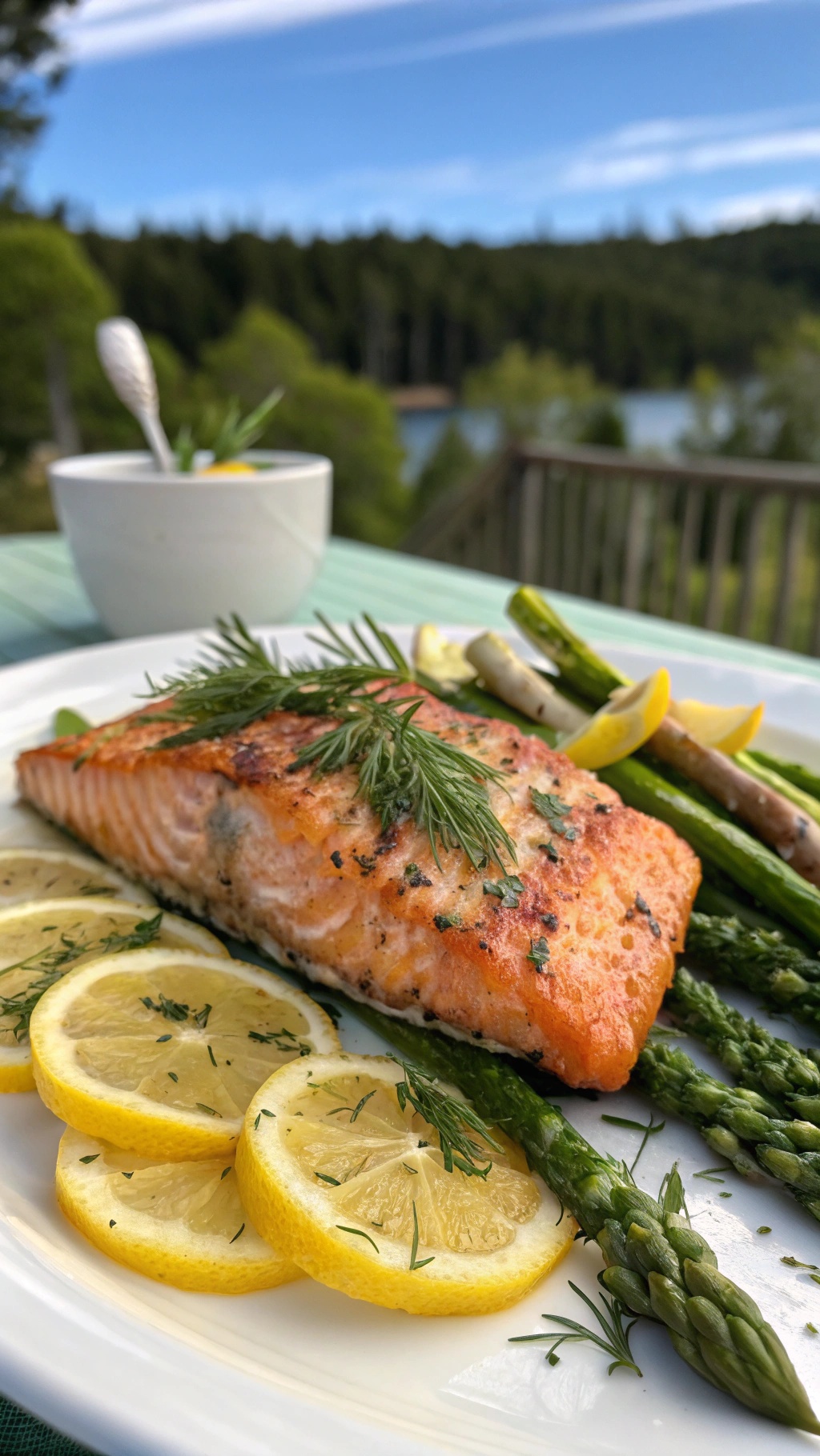 Grilled salmon fillet with lemon slices and asparagus on a plate