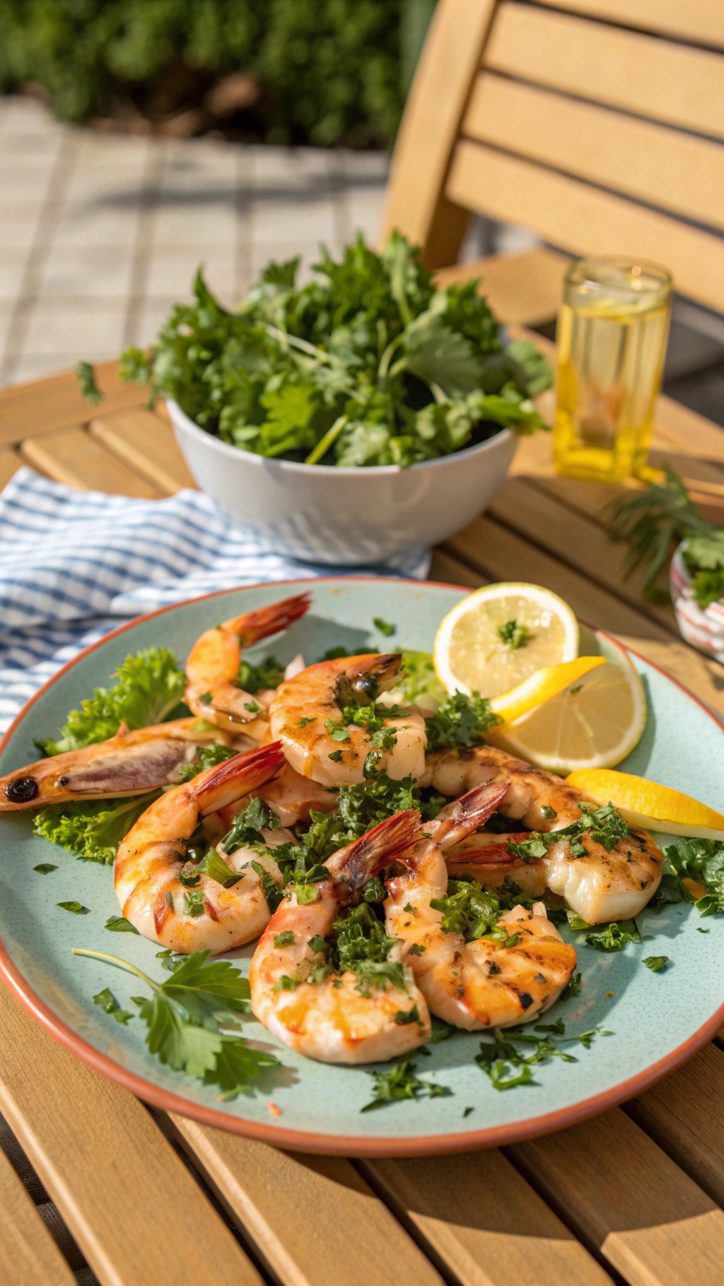 A plate of grilled shrimp garnished with herbs and lemon slices, served with a side salad.