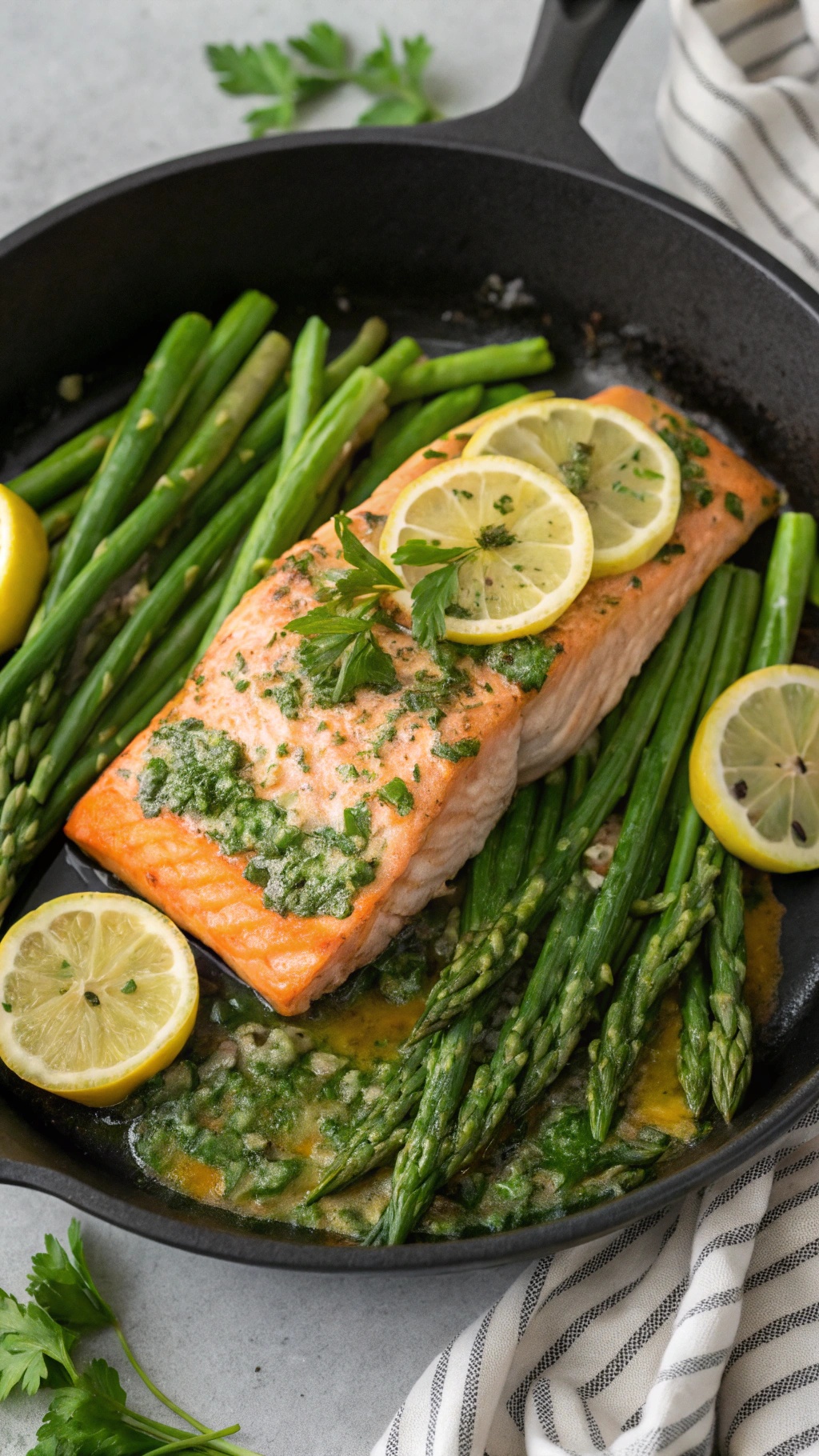 A delicious one-pan meal featuring salmon fillets topped with lemon slices and fresh herbs, surrounded by asparagus.