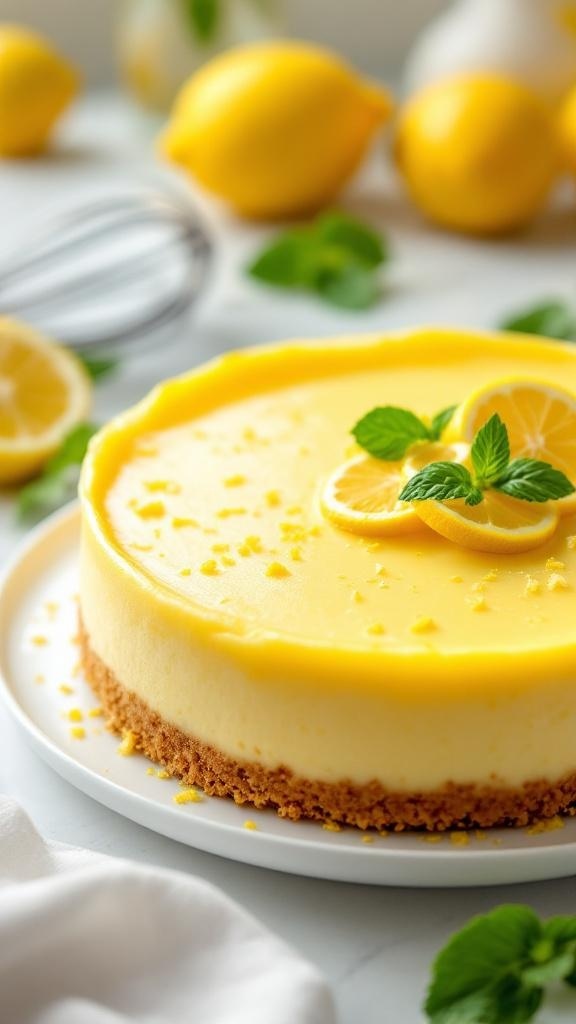 A zesty lemon no-bake cheesecake topped with lemon slices and mint leaves, surrounded by fresh lemons.