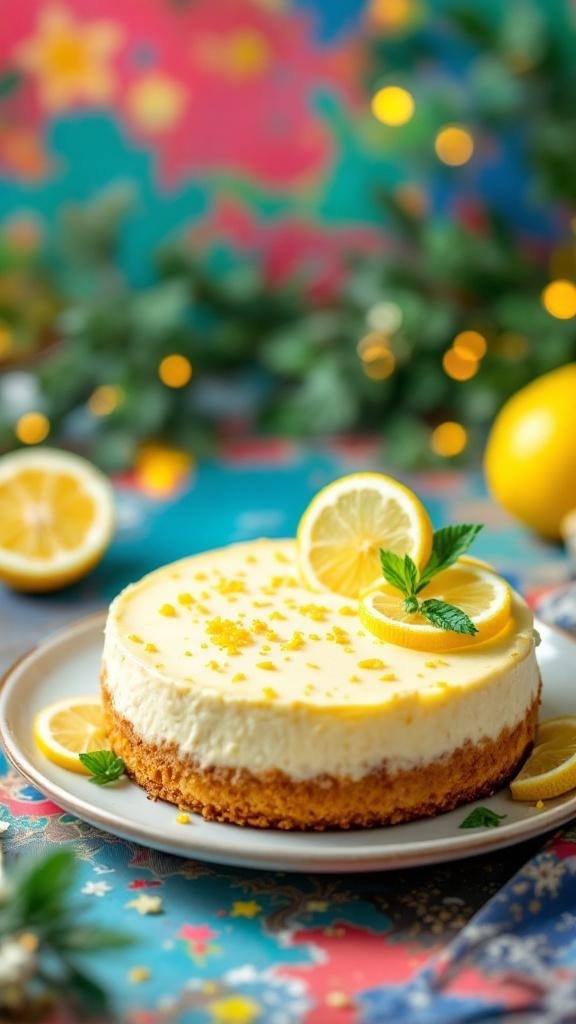 A zesty lemon ricotta cheesecake garnished with lemon slices and mint leaves, set against a colorful background.
