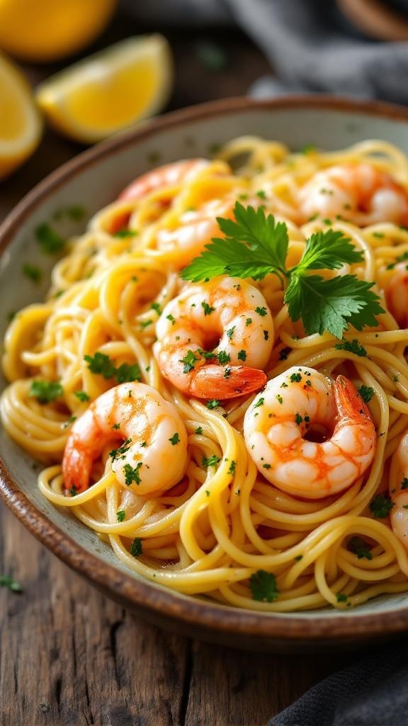 A bowl of zesty lemon shrimp pasta with parsley and lemon slices.