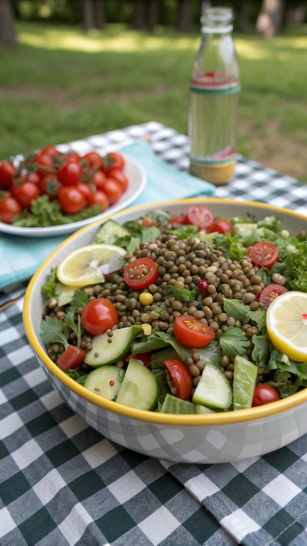 A vibrant bowl of zesty lentil salad with cherry tomatoes, cucumber, and lemon slices, set on a picnic table.