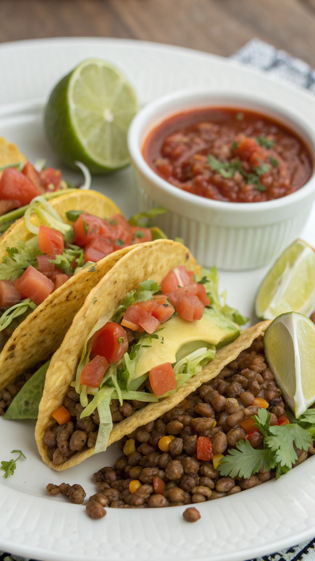 A plate of zesty lentil tacos filled with lettuce, tomatoes, and avocado, served with salsa and lime wedges.