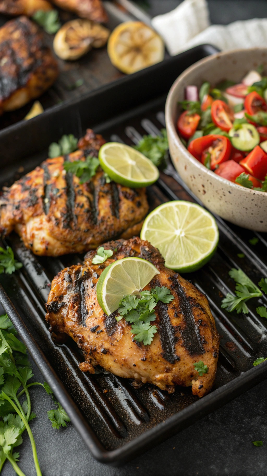 Grilled chicken breasts garnished with lime slices and cilantro, served with a fresh salad.
