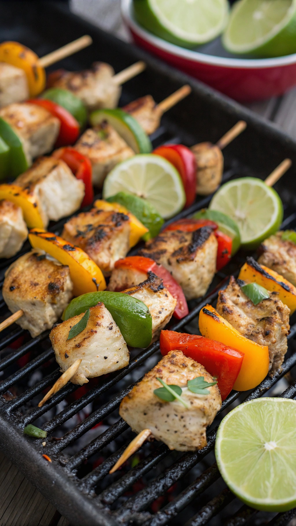 Grilled chicken skewers with colorful bell peppers and lime slices on a grill.