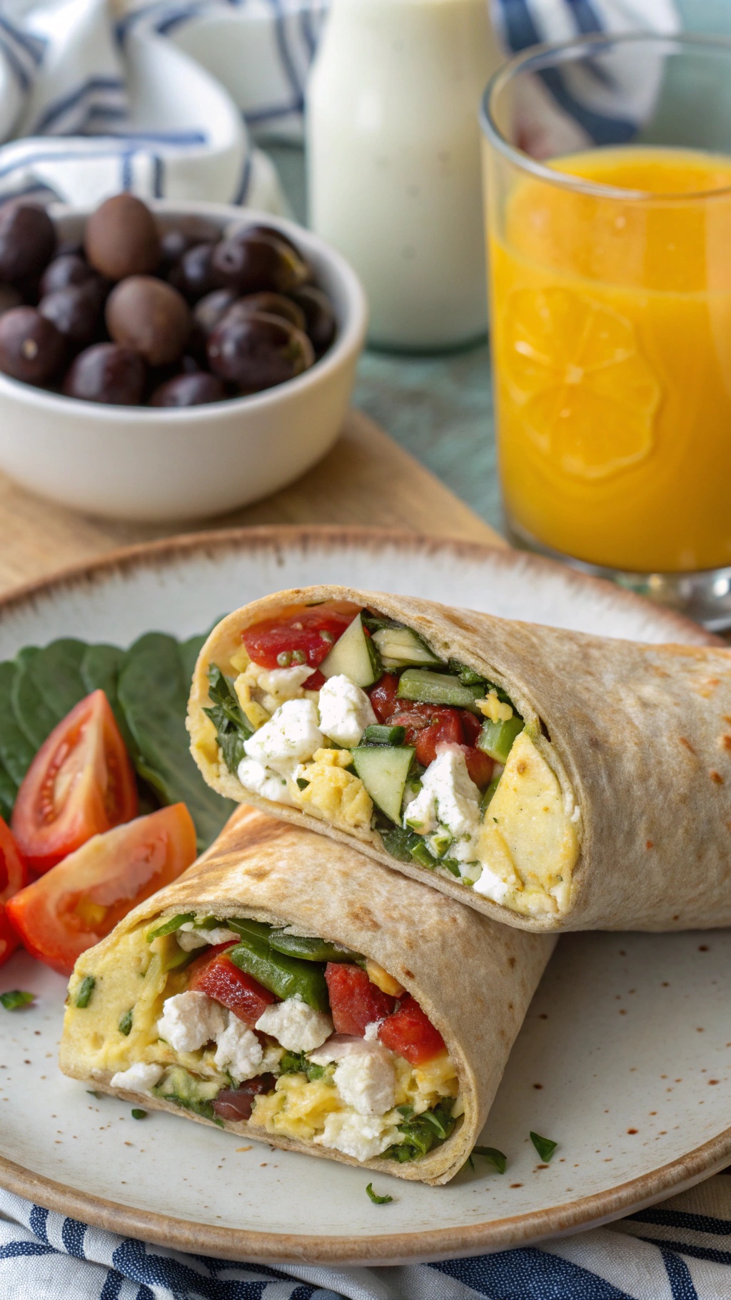 Zesty Mediterranean Breakfast Wraps with fresh vegetables and feta cheese on a plate