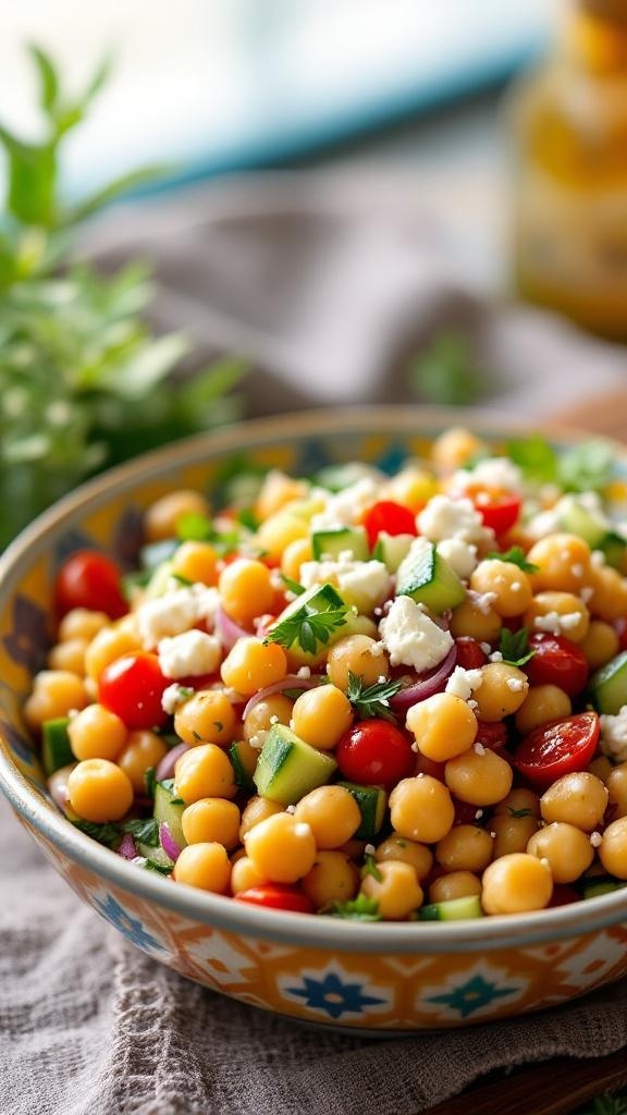A vibrant bowl of Mediterranean Chickpea Salad with colorful vegetables and feta cheese.