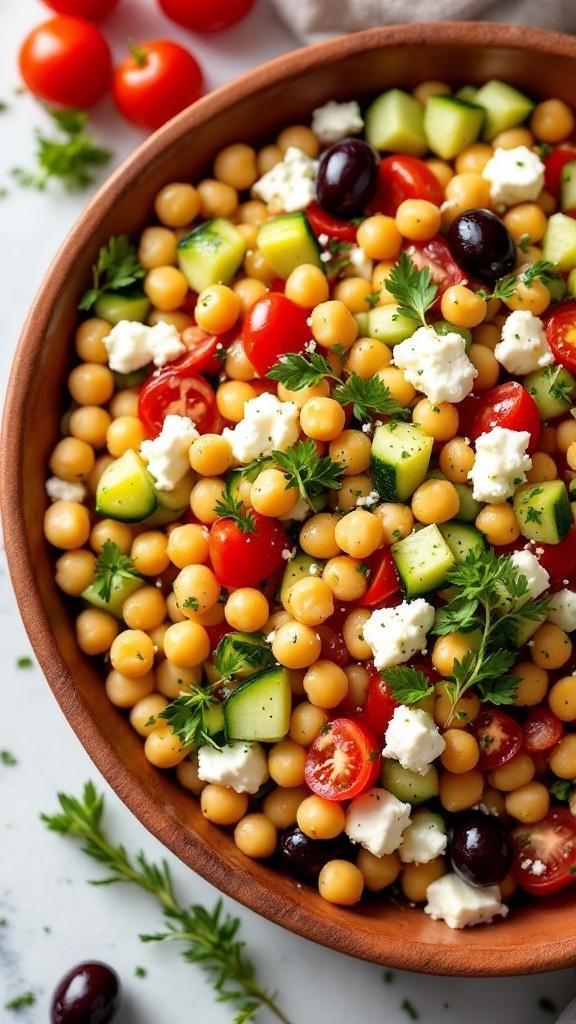 A colorful Mediterranean chickpea salad with cherry tomatoes, cucumbers, olives, and feta cheese.