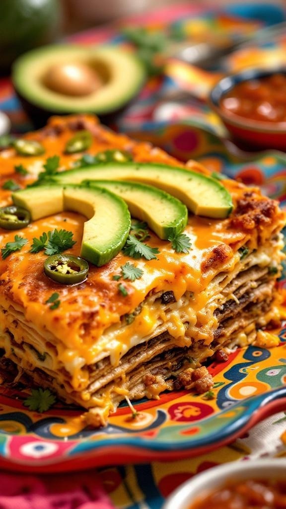 A colorful Zesty Mexican Breakfast Casserole topped with avocado slices and cilantro, served on a vibrant plate.