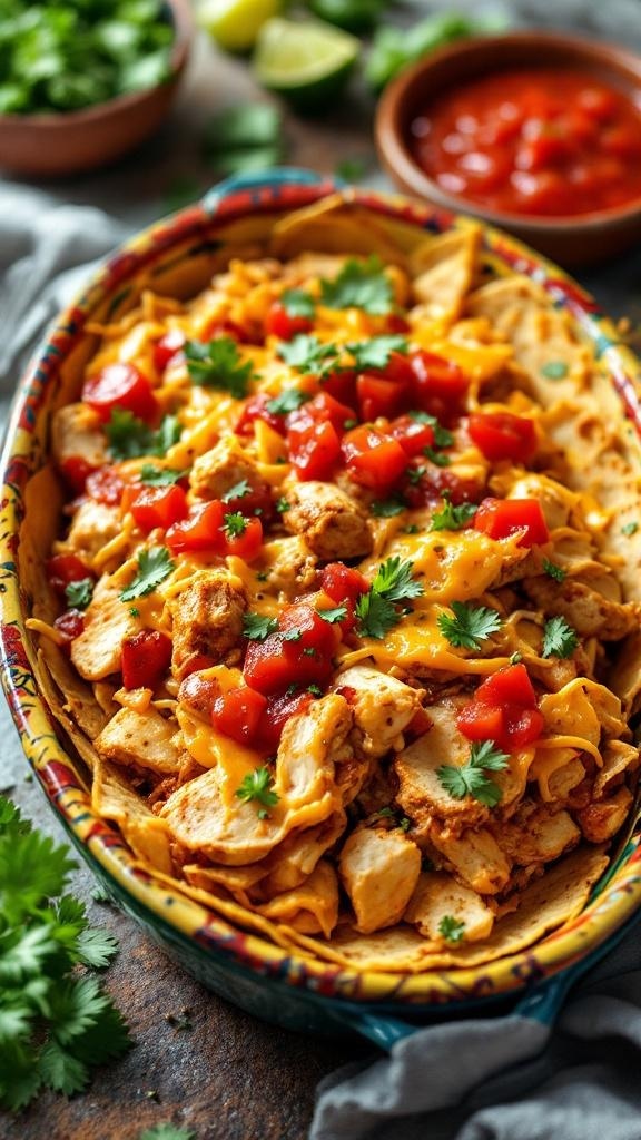 A colorful Zesty Mexican Chicken Casserole topped with cheese, tomatoes, and cilantro.