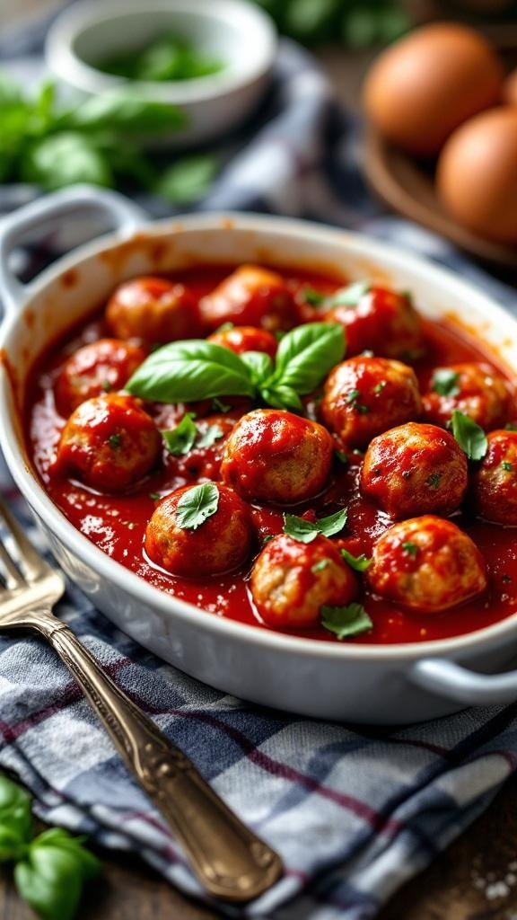 A dish of mini meatballs in marinara sauce garnished with basil