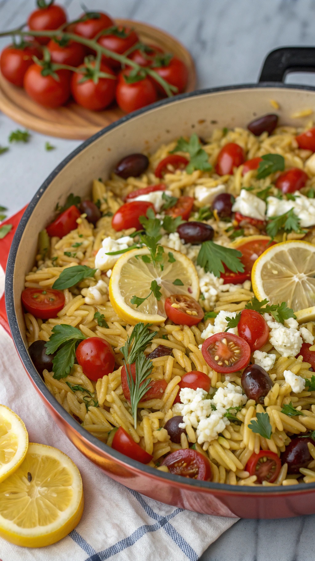 A colorful one-pot Greek orzo dish with feta, cherry tomatoes, and olives, garnished with lemon slices and fresh herbs.
