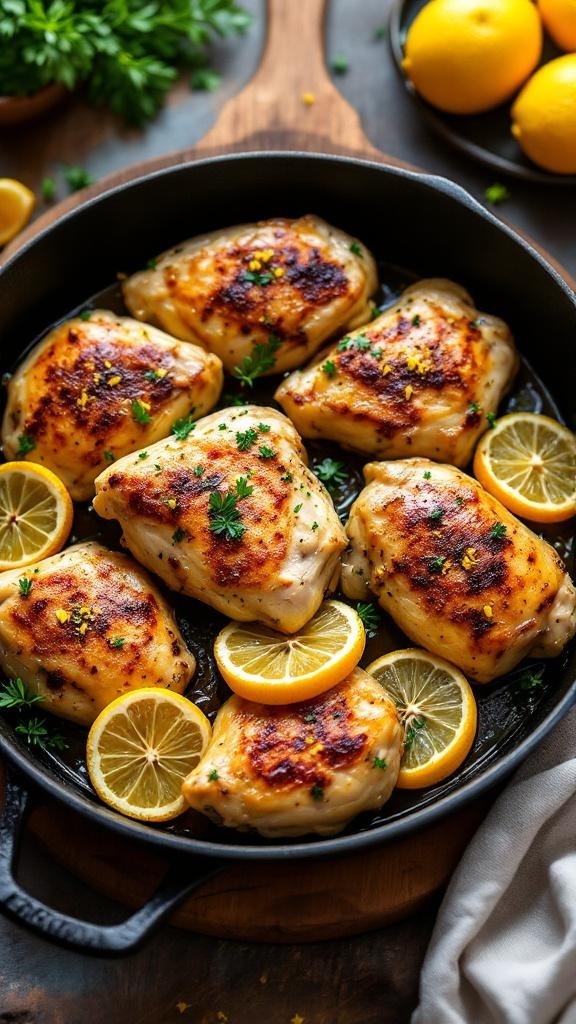 A skillet with golden-brown lemon garlic chicken thighs garnished with lemon slices and parsley.