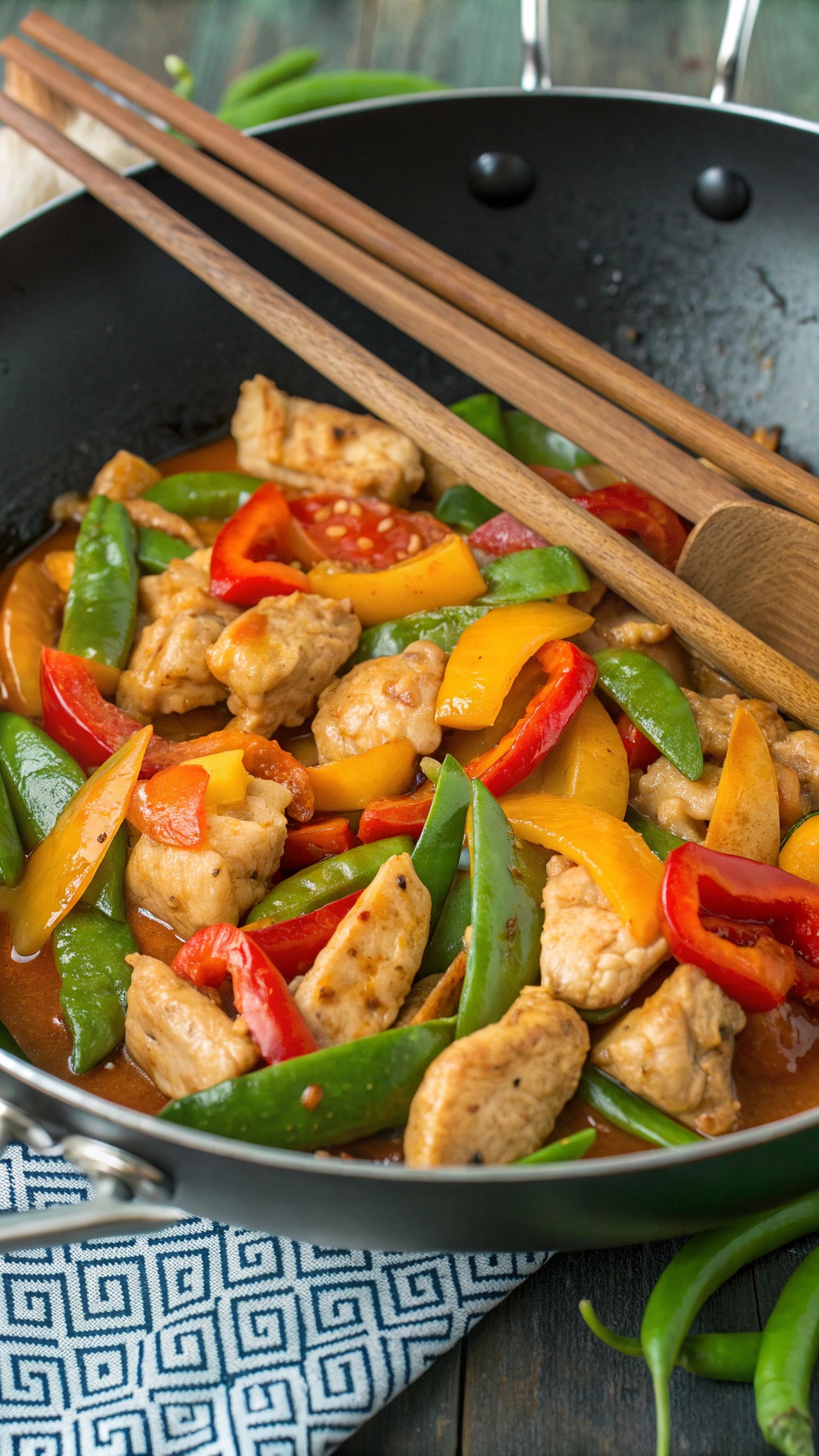 A colorful stir-fry with chicken, bell peppers, and snap peas in a skillet.