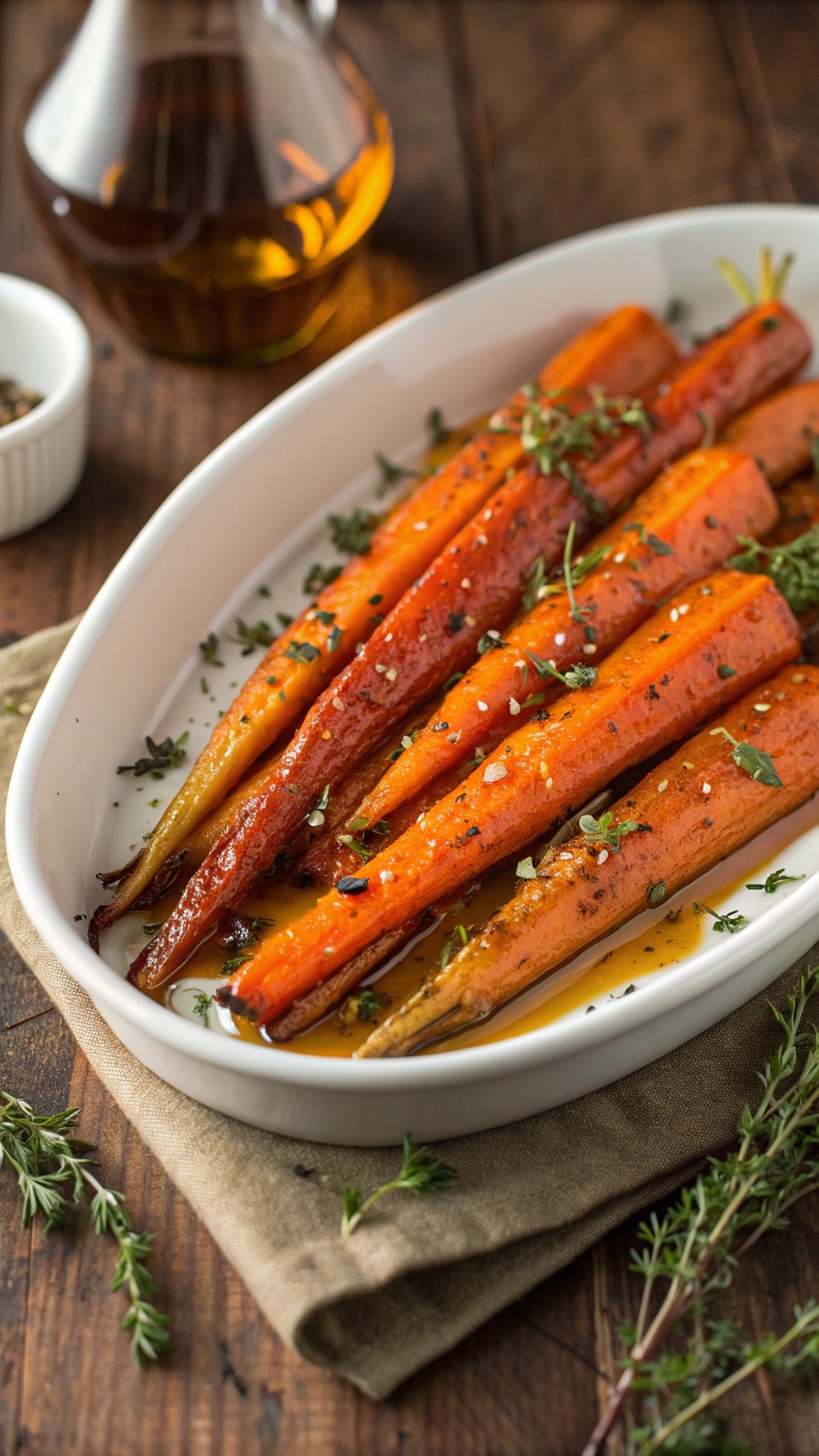 Zesty roasted carrots drizzled with honey and sprinkled with thyme, served in a white dish on a wooden table.