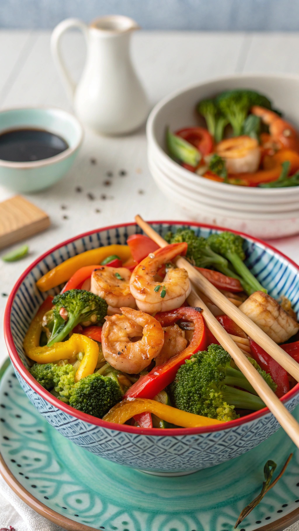 A colorful bowl of shrimp and vegetable stir-fry with chopsticks