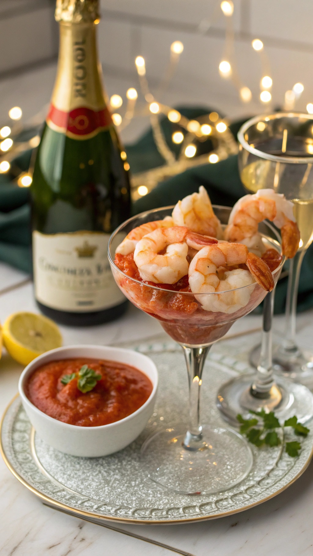 A zesty shrimp cocktail served in a glass with cocktail sauce, lemon, and champagne in the background.