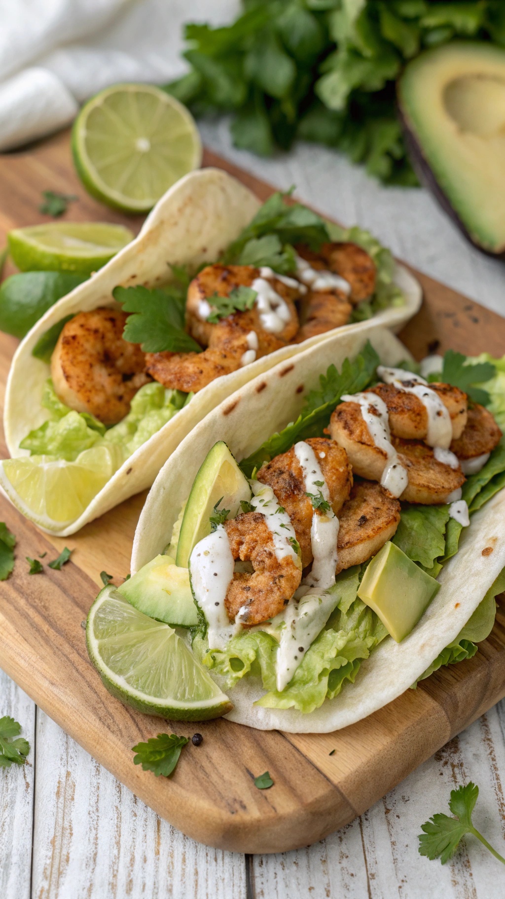 Zesty shrimp tacos with avocado, lettuce, and lime on a wooden board.