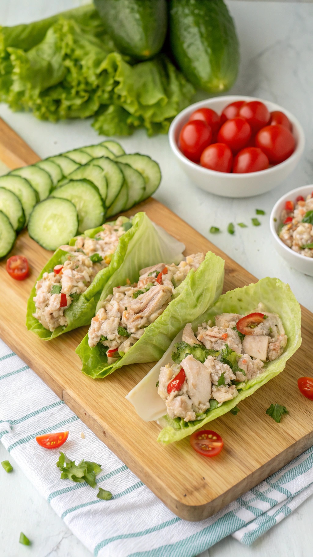 Zesty Spicy Tuna Salad Wraps with fresh vegetables on a wooden board