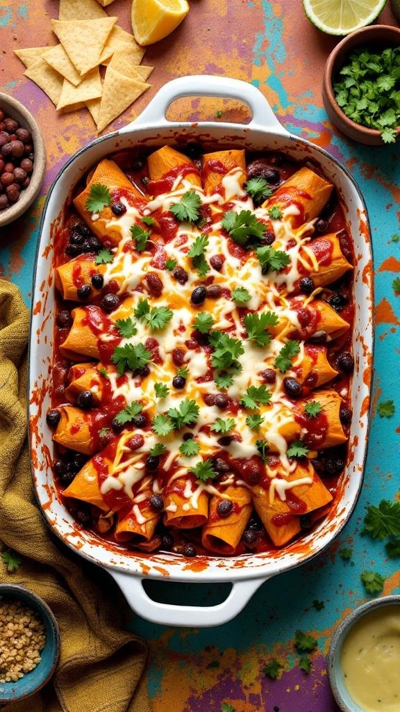 A vibrant dish of sweet potato and black bean enchiladas topped with cheese and cilantro, served with tortilla chips.
