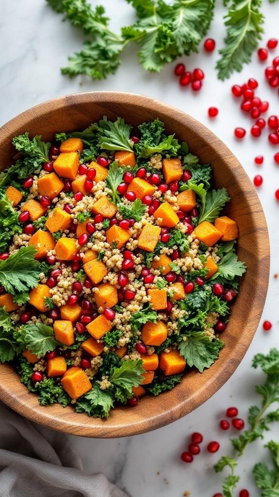 A colorful bowl of Zesty Sweet Potato and Quinoa Salad with pomegranate seeds and kale.